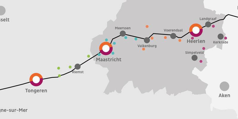 Overzichtskaart van de via Belgica vanuit België door Zuid-Limburg naar Duitsland